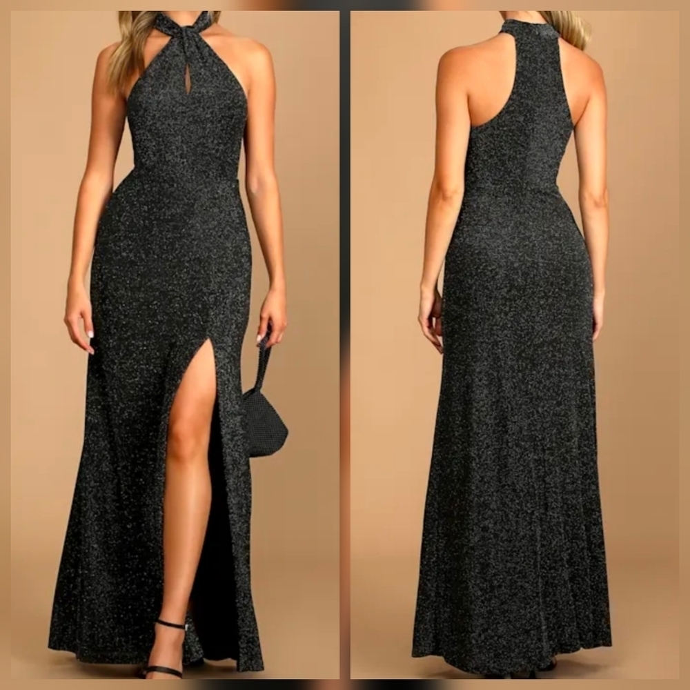 Lulus S Devoted to Dazzling Black Sparkly Halter Mermaid Maxi Dress, Size Small